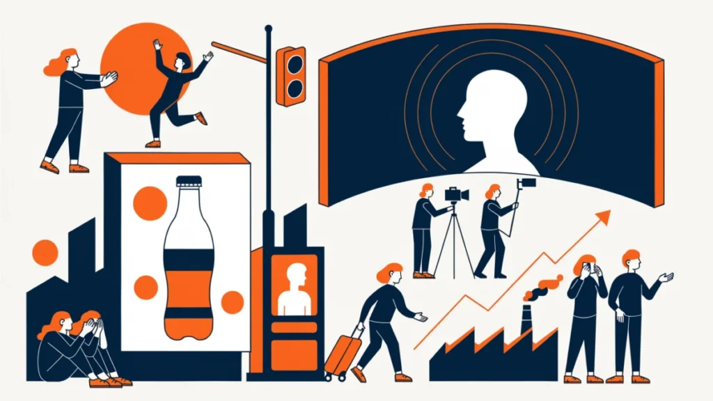 City billboards with product and awareness campaigns, illustrating advertising in society