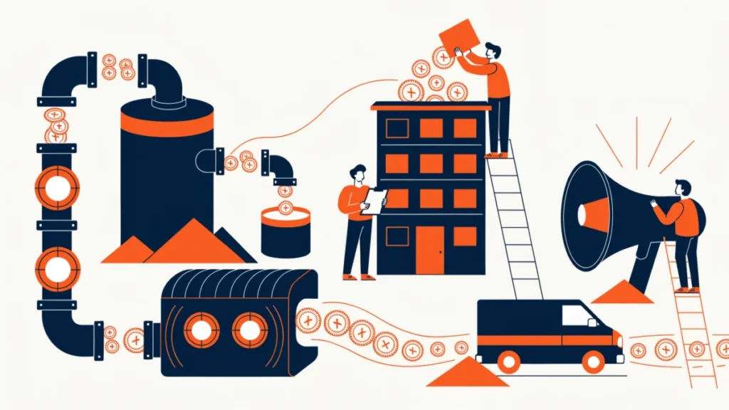 Money flowing through pipes to power a growing business