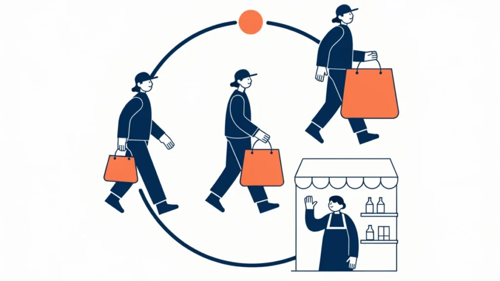Loyal customer returning repeatedly to the same shop with growing bags