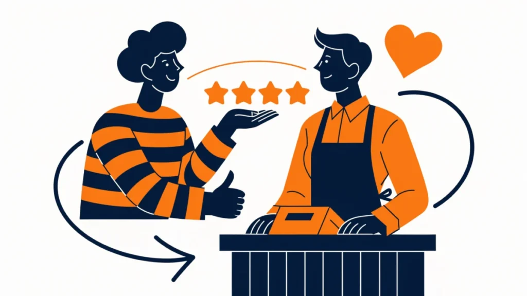 Happy customer giving five stars and a thumbs up to a shop assistant