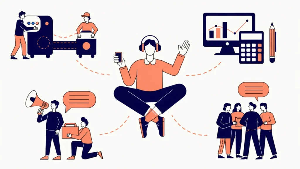 Manager coordinating production, finance, sales and HR teams, illustrating management in modern business