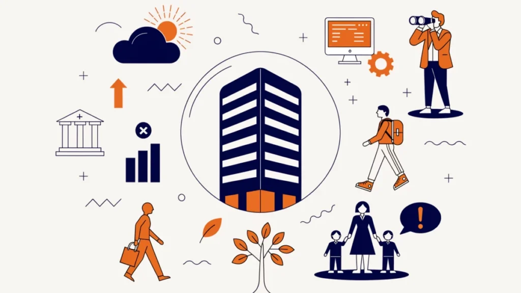 Manager scanning environmental forces around an office, illustrating the importance of the business environment