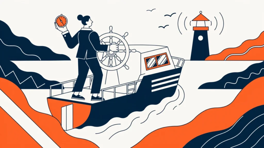 Manager steering a ship with a compass toward a lighthouse, illustrating importance of decision making