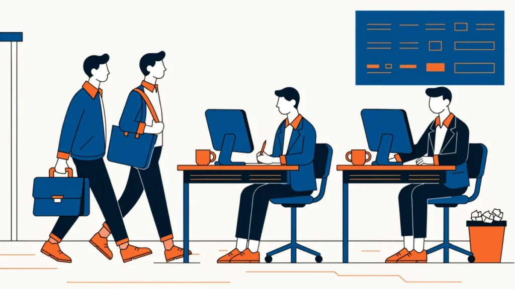 Office team working in an orderly way following a rulebook, illustrating discipline in an organization
