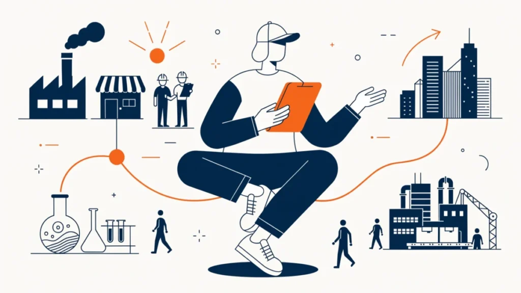 Entrepreneur at the centre of a growing economy with factories and labs, illustrating importance of entrepreneurship