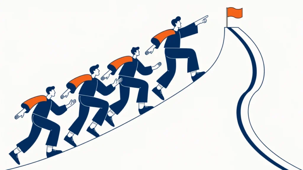 Leader guiding a team up a hill toward a flag