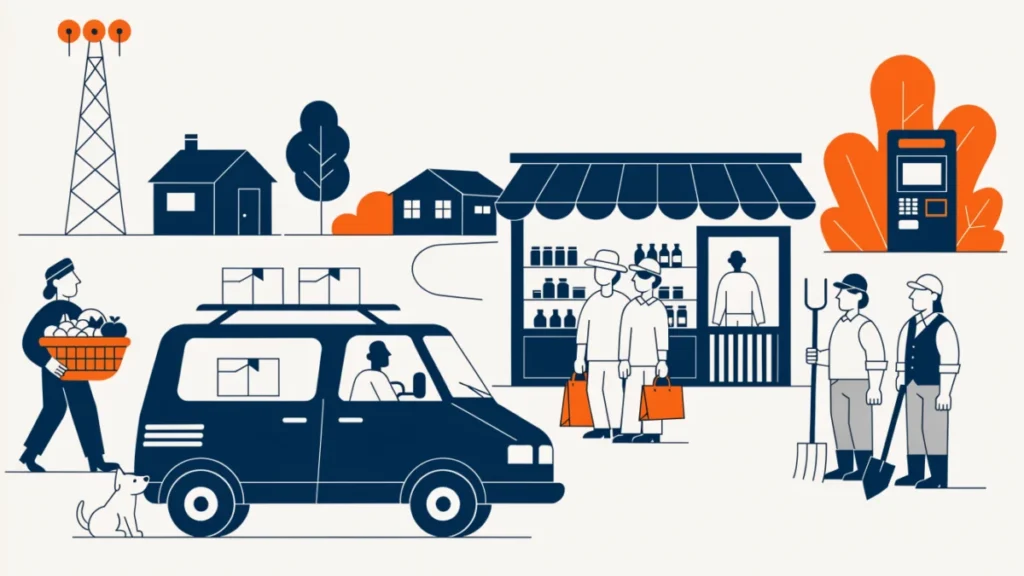 Delivery van bringing products to a village shop with a bank kiosk, illustrating rural marketing