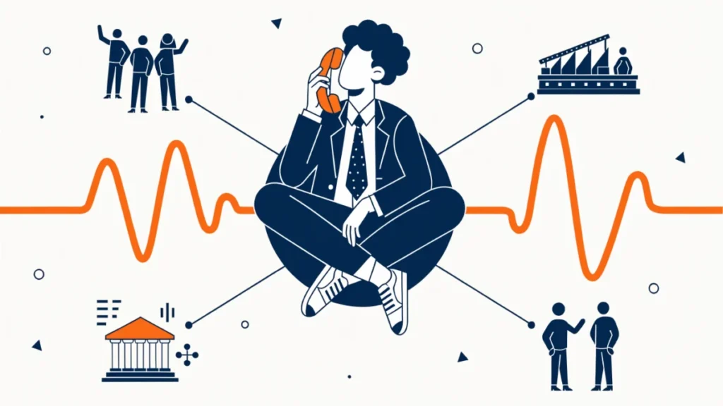 Sales director linking team, customers and finance with a revenue line, illustrating sales management