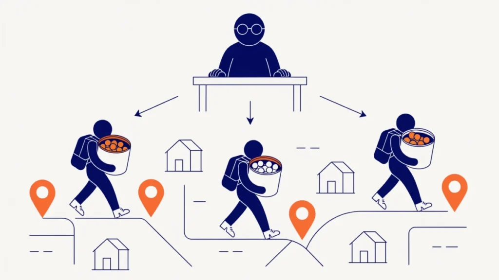 Sales manager leading regional reps to customers on a map, illustrating a sales organization