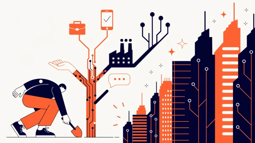 Circuit-board tree growing into jobs, apps and cities, illustrating the importance of technopreneurship