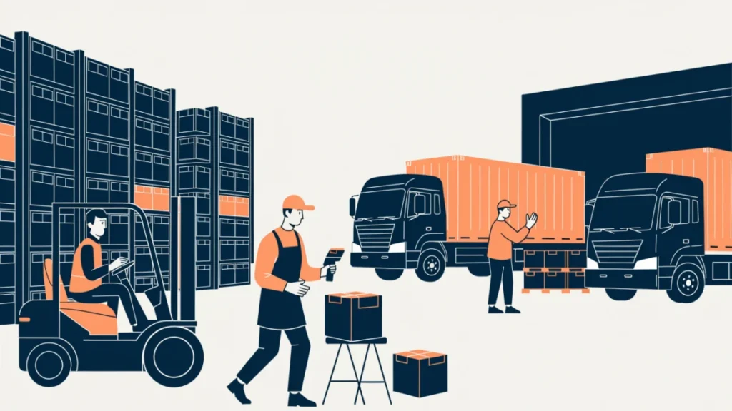 Warehouse with racks, forklift and trucks at the dock, illustrating the importance of warehousing
