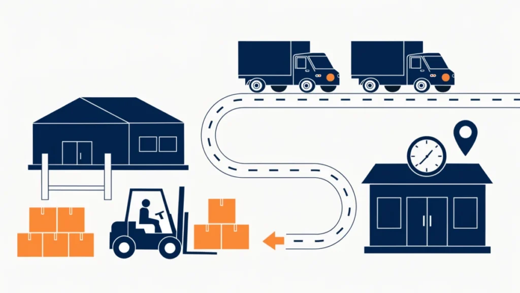 Warehouse, forklift and delivery trucks moving goods to a store on time