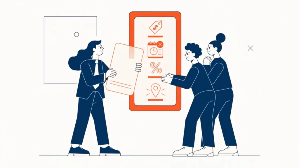 Sales head handing a rulebook to the team with pricing and credit icons, illustrating sales policies