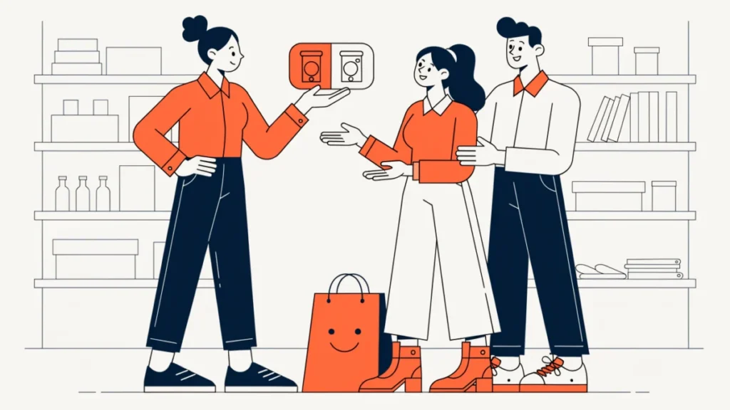 Salesperson explaining a product to a couple, illustrating importance of salesmanship to consumers