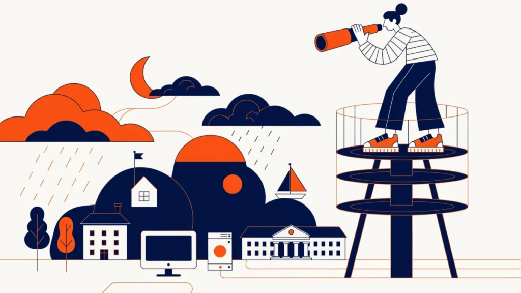 Entrepreneur with a telescope scanning competitors and government, illustrating the business environment
