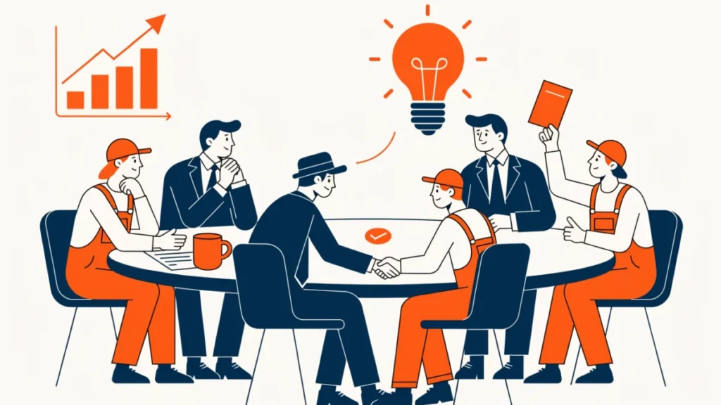 Workers and managers deciding together at one table, illustrating workers participation in management