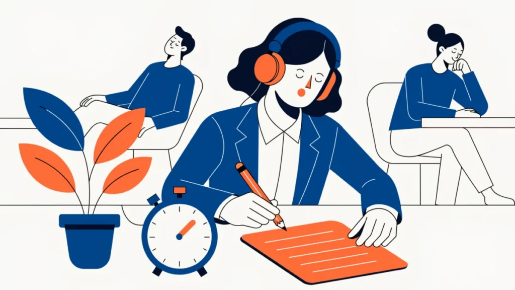 Focused professional at a tidy desk with a timer and a single priority