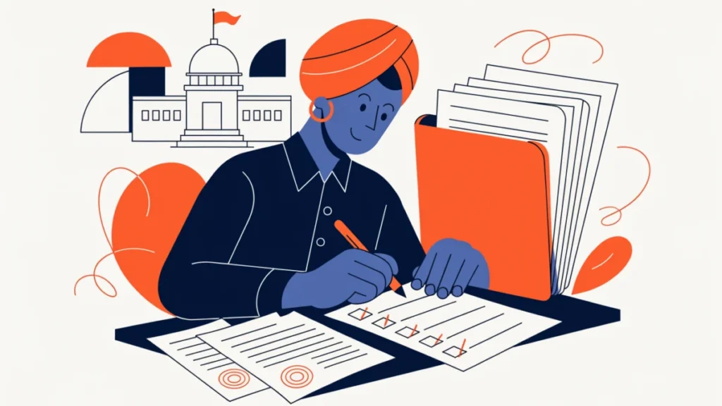 Indian business owner ticking a compliance checklist with registration certificates