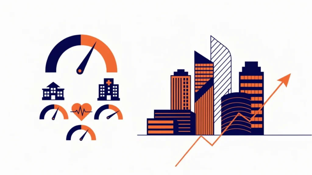 Gauges of income, education and health beside a growing city, illustrating indicators of economic development