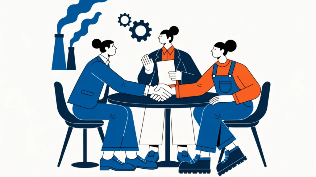 Manager and worker shaking hands at a table with a government mediator