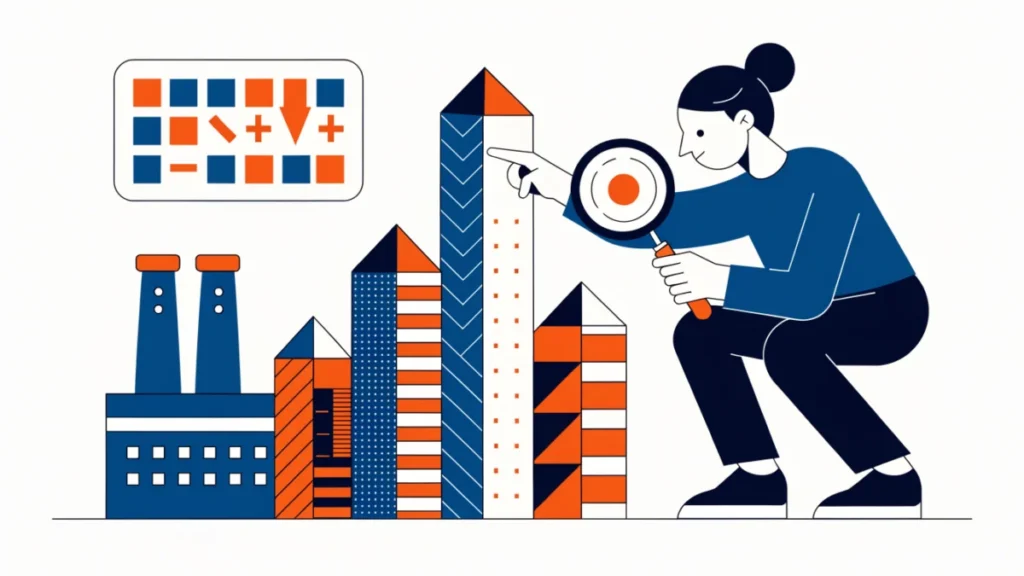 Analyst comparing industry towers with charts and a magnifying glass, illustrating industry analysis
