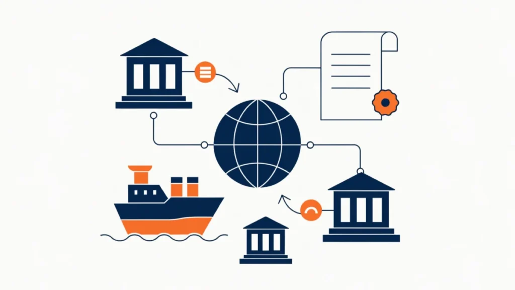 Globe linked to bank buildings with currency exchange arrows and a cargo ship