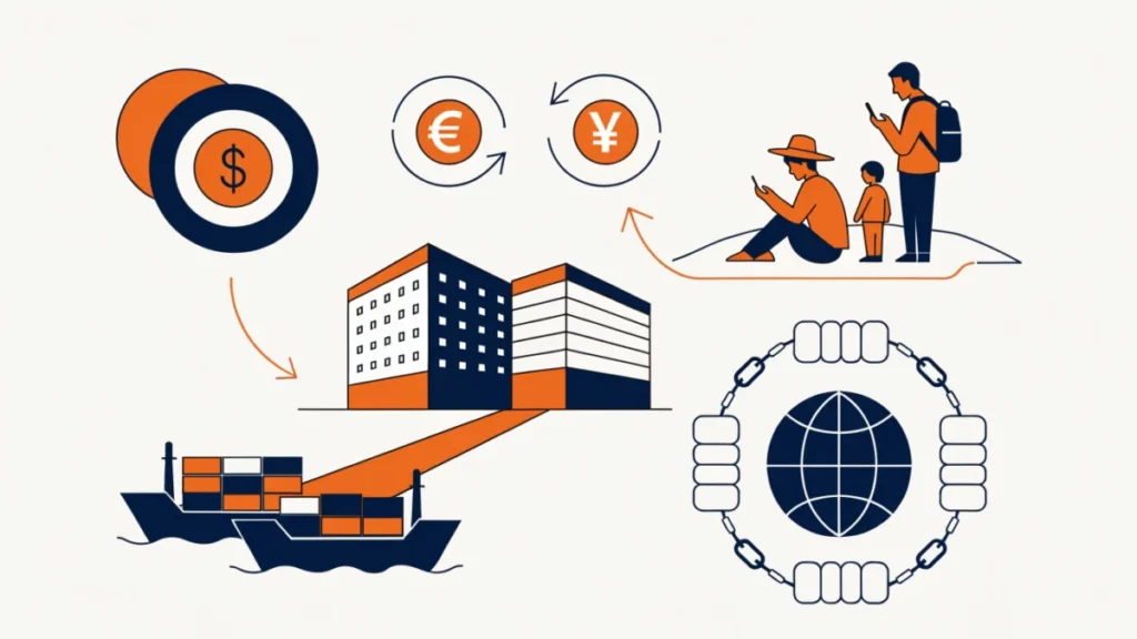 Global bank linked to cargo ships, currency and remittances, illustrating international banking
