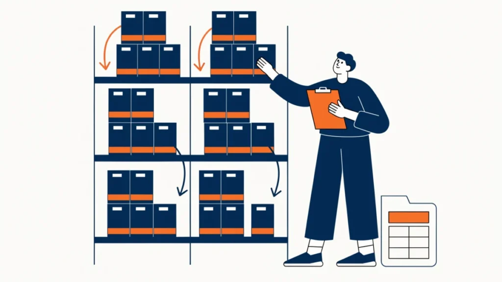 Accountant counting warehouse stock with FIFO arrows
