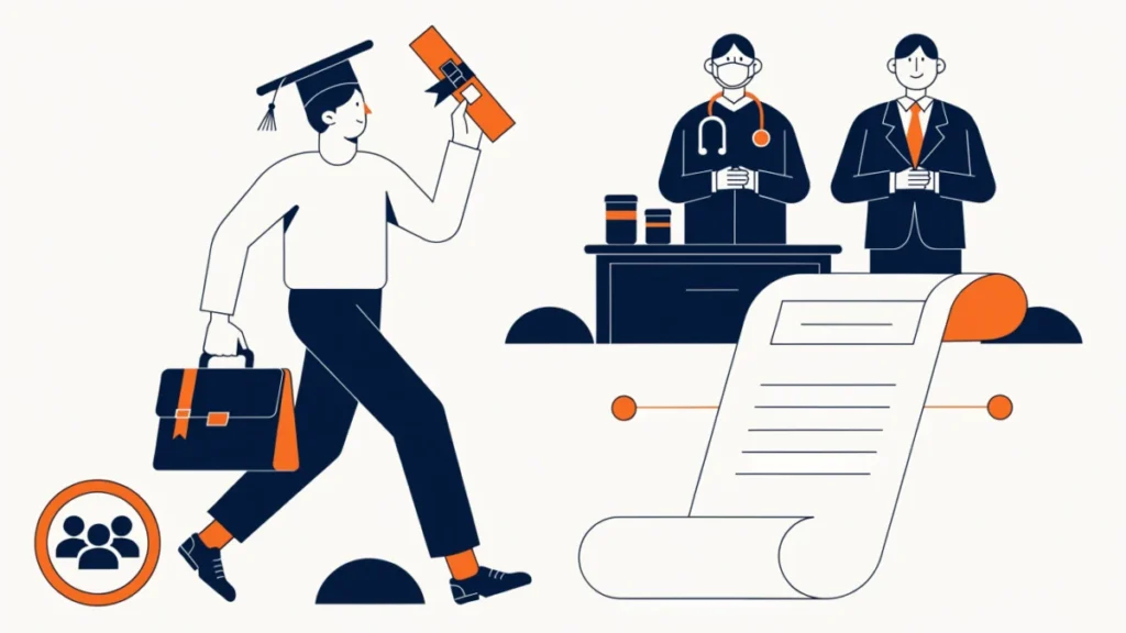 Manager with a degree and ethics code beside a doctor and lawyer, illustrating management as a profession