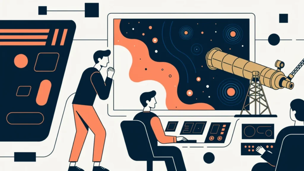 Astronomers viewing nebula and galaxy images in a control room