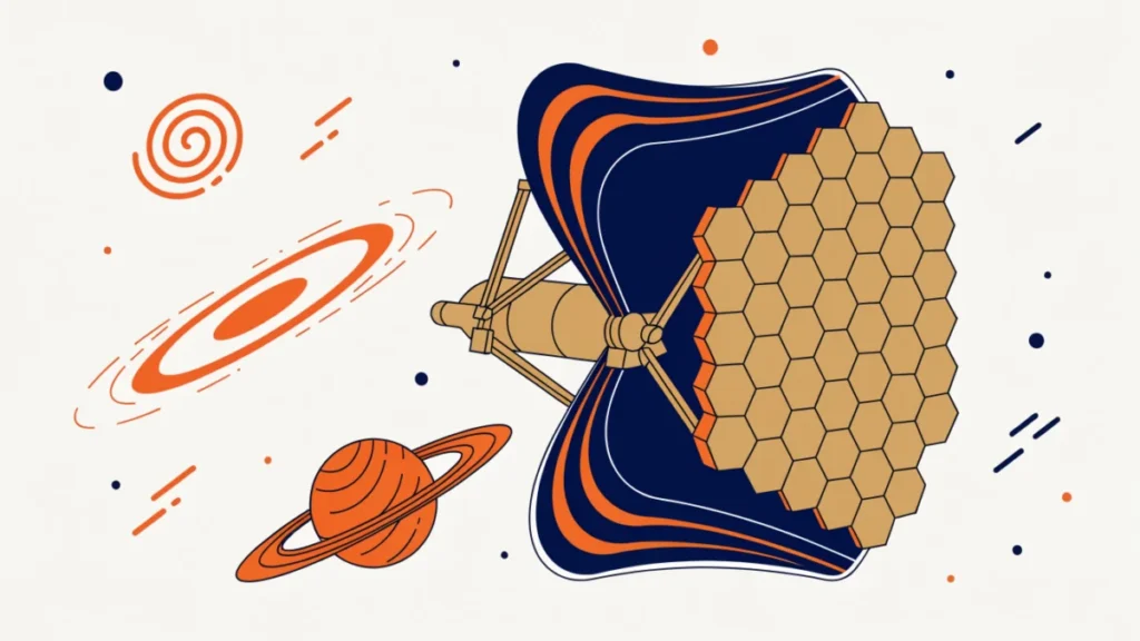 Gold-mirrored space telescope with sunshield observing distant galaxies