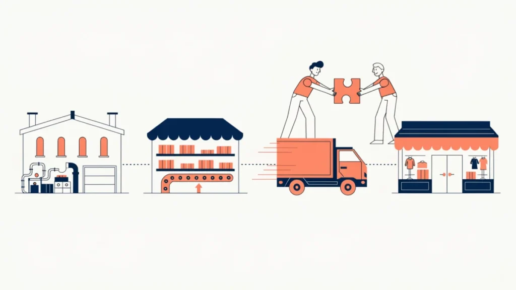 Illustration of a broken link between factory, warehouse, truck and store showing lack of coordination in a supply chain