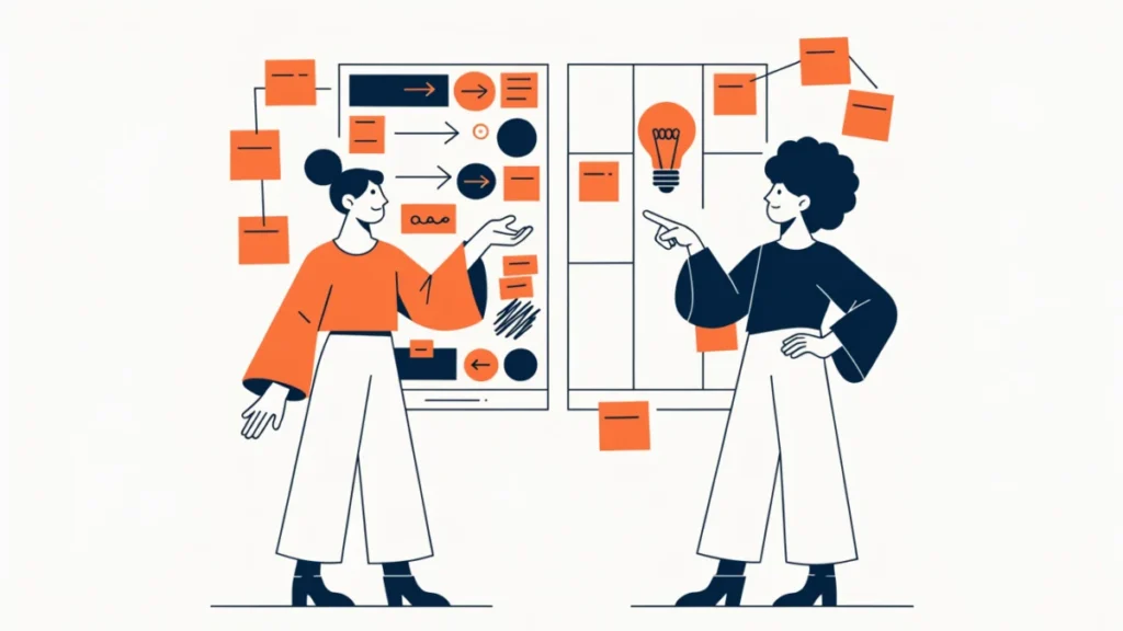Founders comparing a detailed and a simpler nine-box planning board