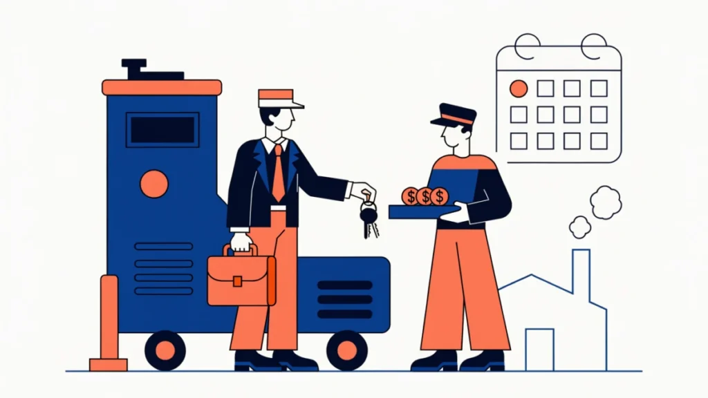 Leasing company handing machine keys to a factory owner paying monthly rent