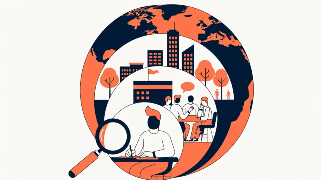 Circles zooming out from one employee to team, company, city and globe