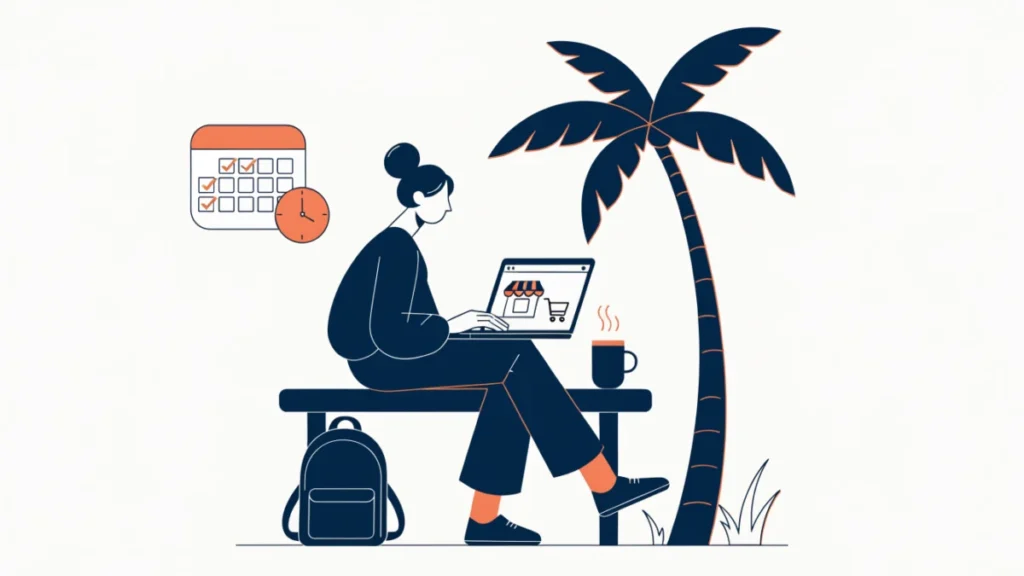 Entrepreneur working on a laptop at a beach cafe, illustrating lifestyle entrepreneurship