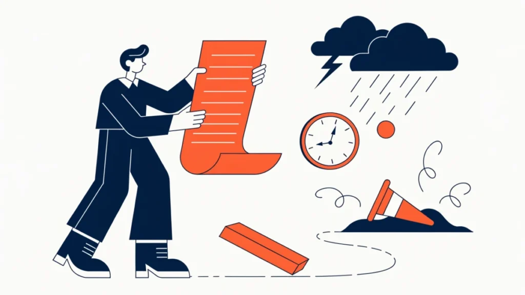 Manager with a rigid plan facing a storm and roadblock, illustrating limitations of planning