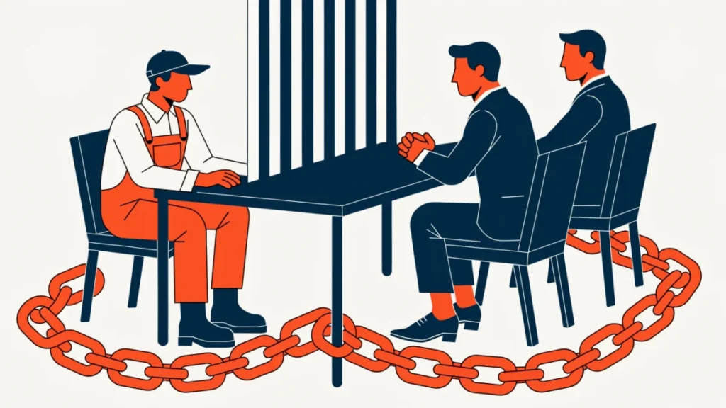 Worker representative separated from managers by barriers, illustrating limits of workers participation