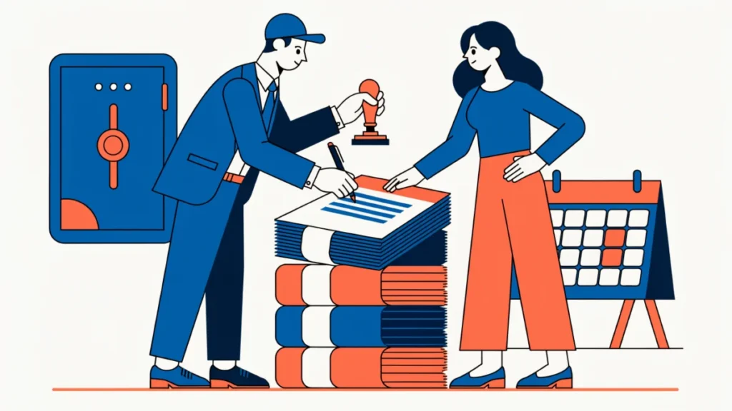 Bank officer stamping and signing loan documents with a borrower
