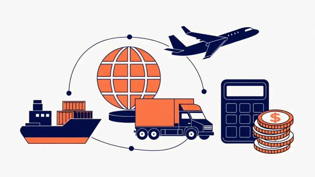 Ship, truck and plane on a global route beside coins and a calculator