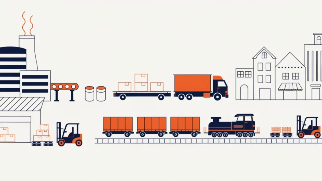Goods moving from factory to warehouse to trucks and trains toward shops