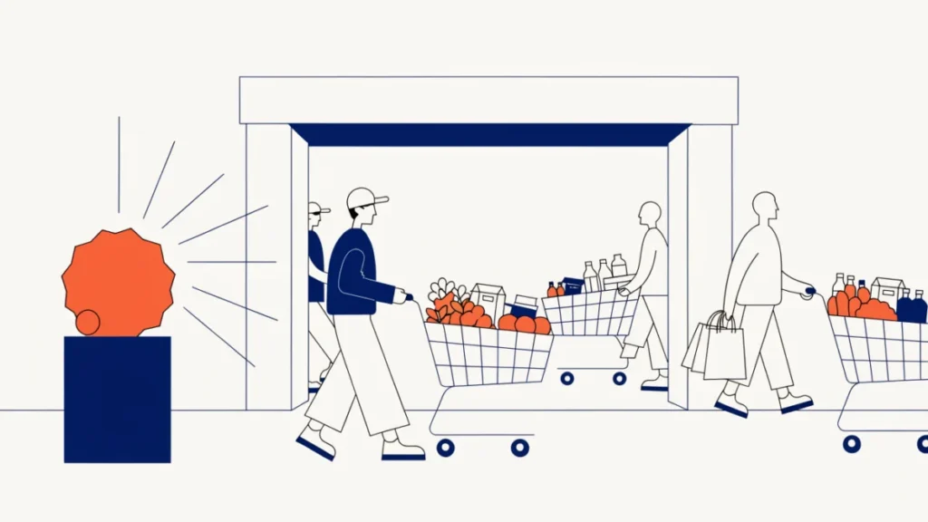 Discounted item at a store entrance drawing shoppers who fill their carts