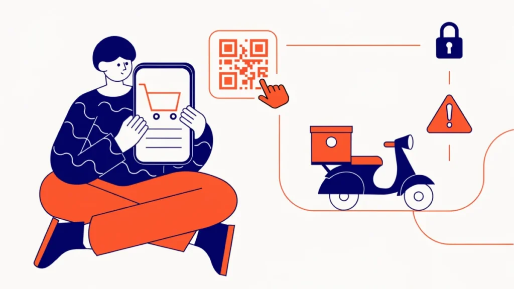 Shopper paying by QR code on a smartphone with a delivery scooter leaving