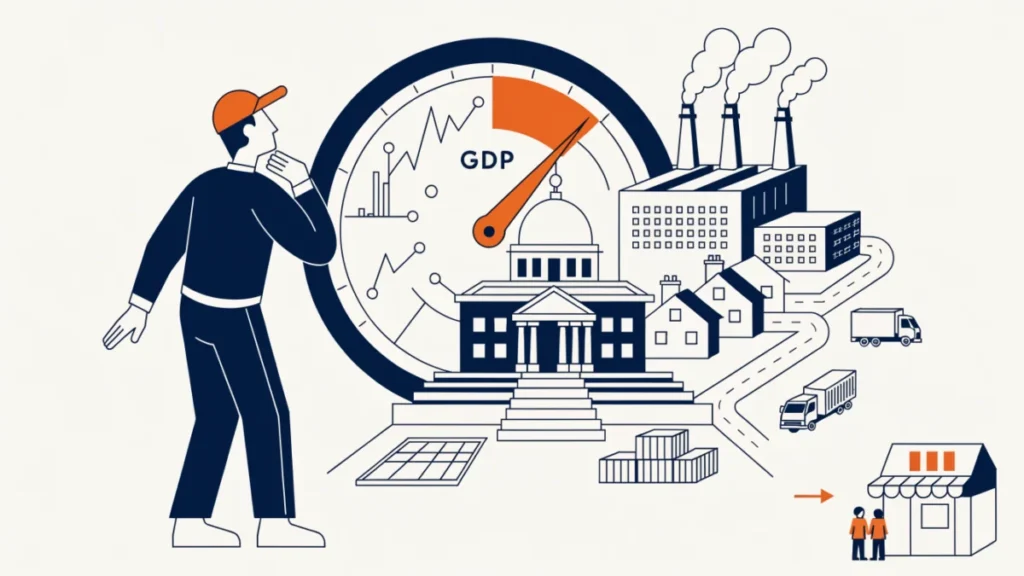 Economist studying a whole national economy model with a GDP gauge, illustrating macroeconomics