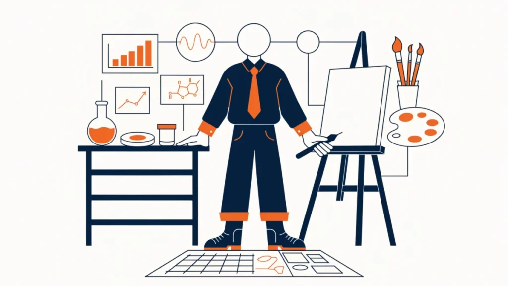 Manager between a science bench and an artist easel, illustrating management as art and science