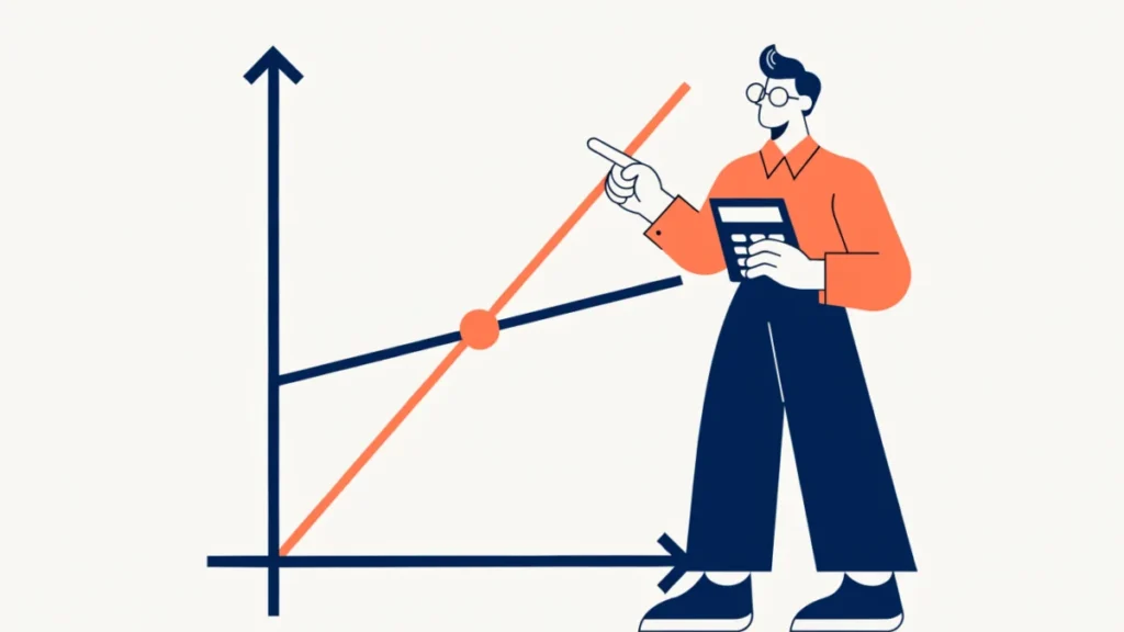 Accountant pointing to the break-even point on a cost and sales chart
