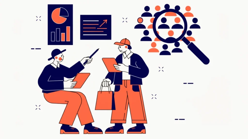 Researcher surveying a shopper with charts and a magnifying glass, illustrating pros and cons of market research