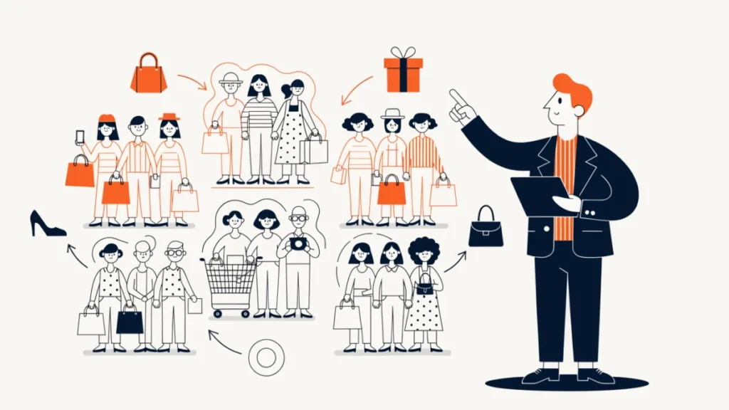 Marketer dividing a crowd of shoppers into coloured groups