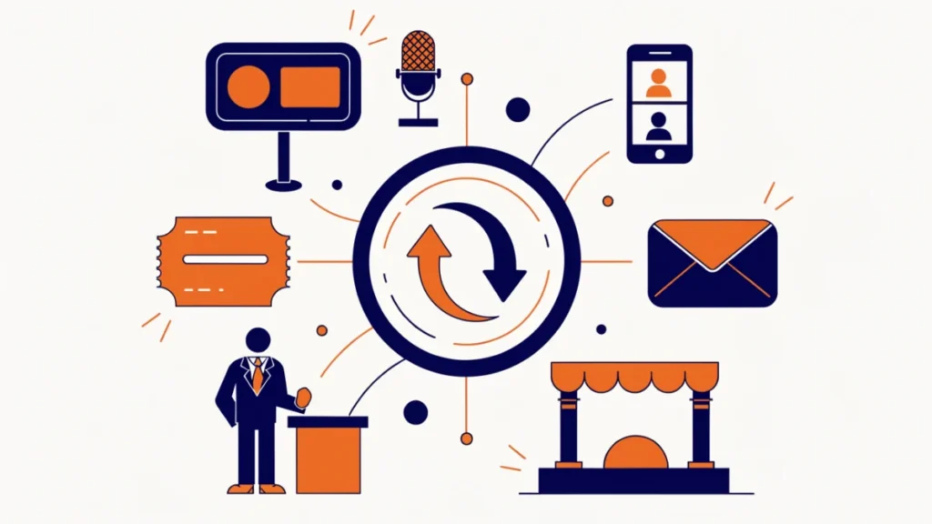 Brand hub connected to advertising, PR, coupons, sales, email and social icons, illustrating the marketing communication mix