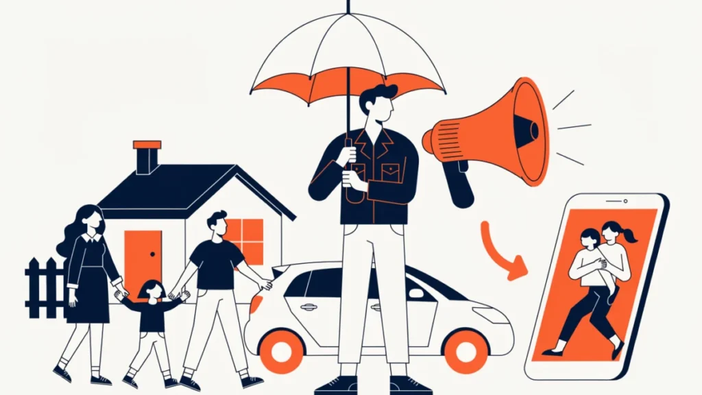 Insurance agent protecting a family with an umbrella, illustrating marketing in insurance